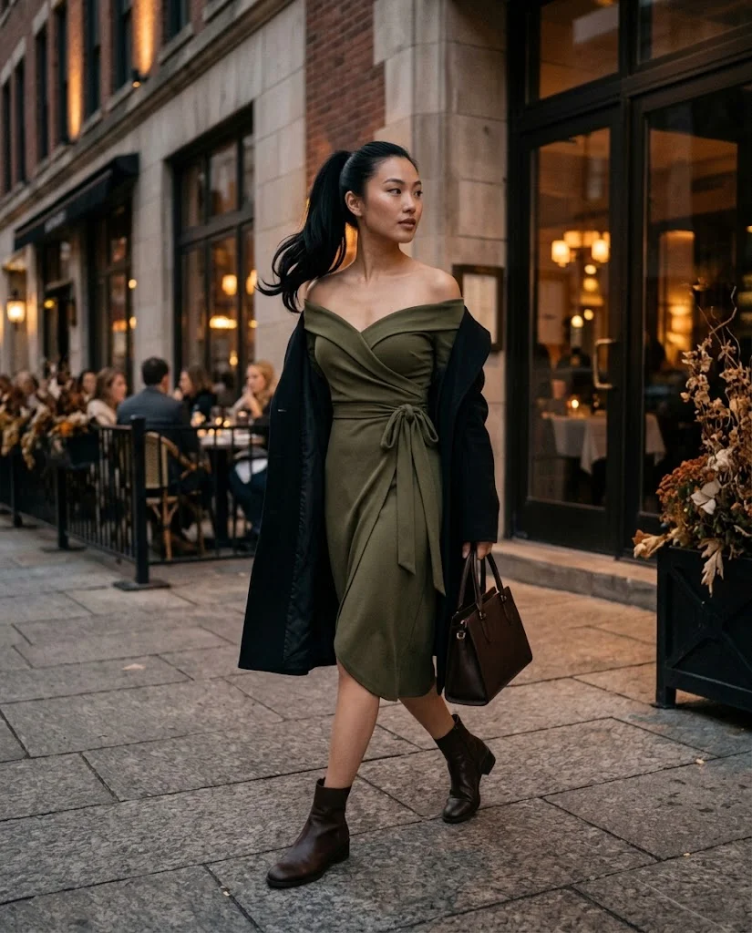 Olive Off-Shoulder Wrap Dress with Ankle Boots, an elegant old money fall dinner outfit for women