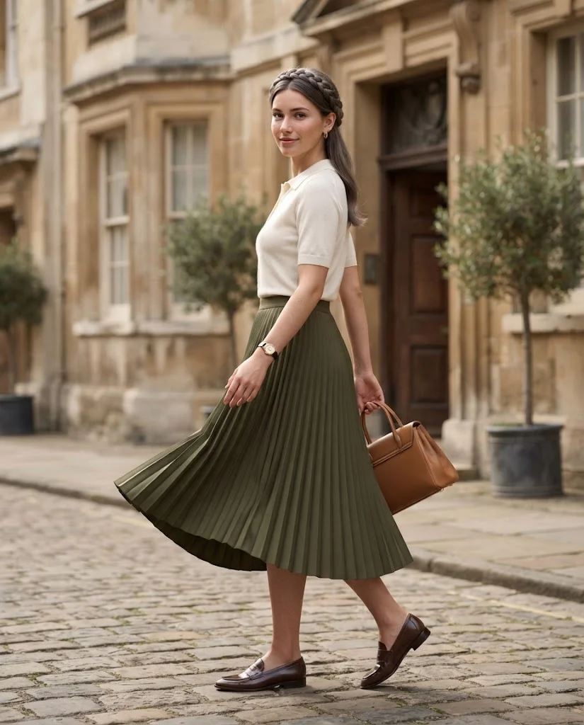 Old Money September Outfit Ideas for Women: 20+ Elegant Looks 6 Olive Pleated Skirt with an Ivory Knit Polo, an elegant old money September outfit for women