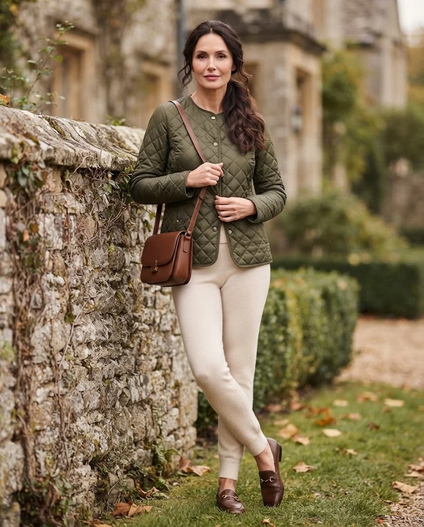  women wearing Olive Quilted Jacket With Ecru Knit Pants