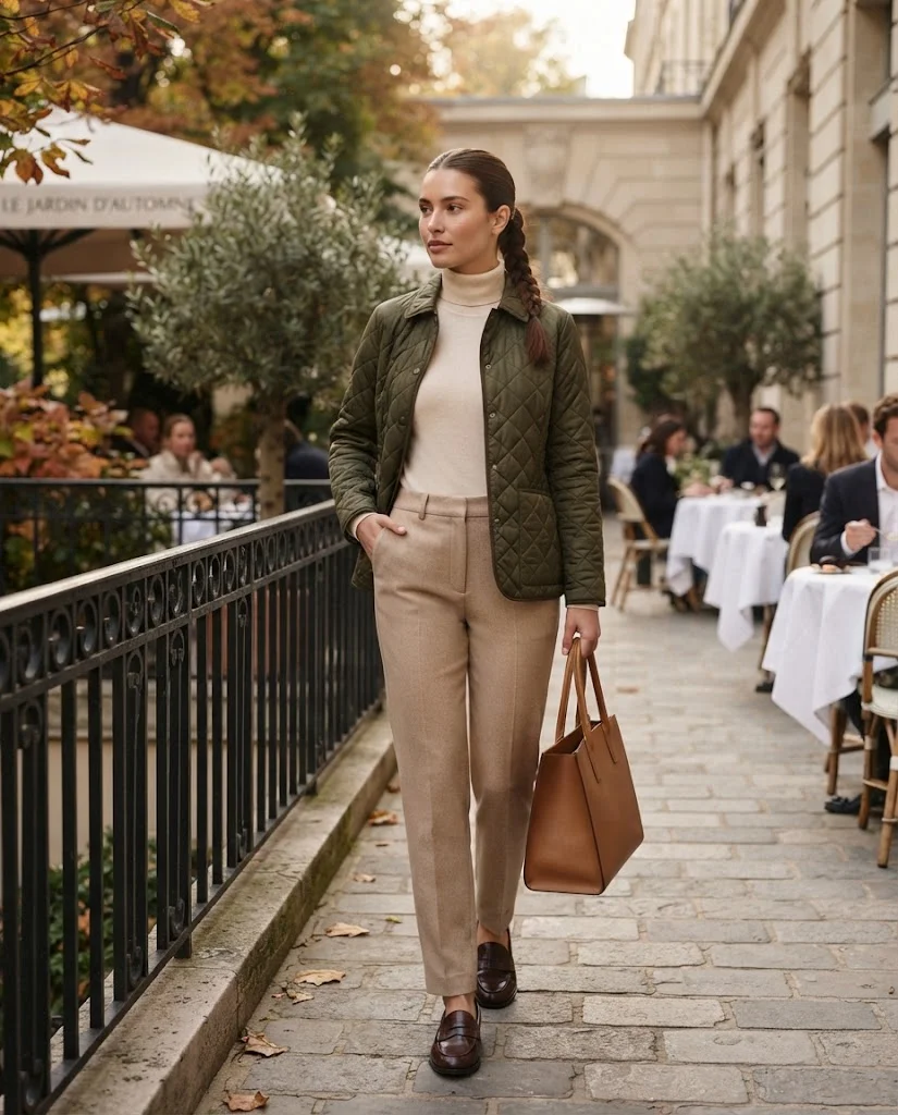 Olive Quilted Jacket with a Fine-Knit Turtleneck, an elegant old money fall brunch outfit for women