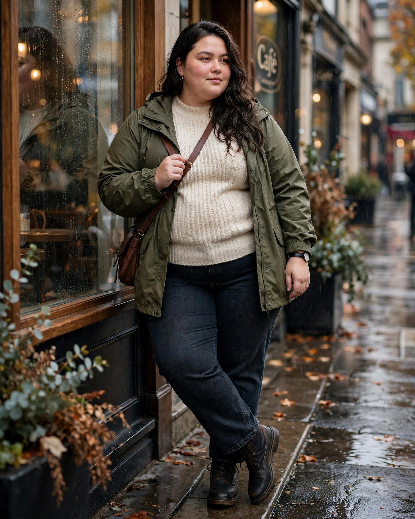 Olive Rain Jacket With Straight-Leg Jeans Plus Size Rainy Fall Outfit
