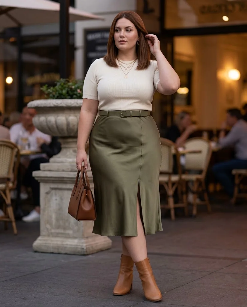 Plus Size Fall Dinner Outfits: 15 Chic Looks for Autumn Evenings 8 Olive Satin Midi Skirt With Cream Knit Top Plus Size Fall Dinner Outfit