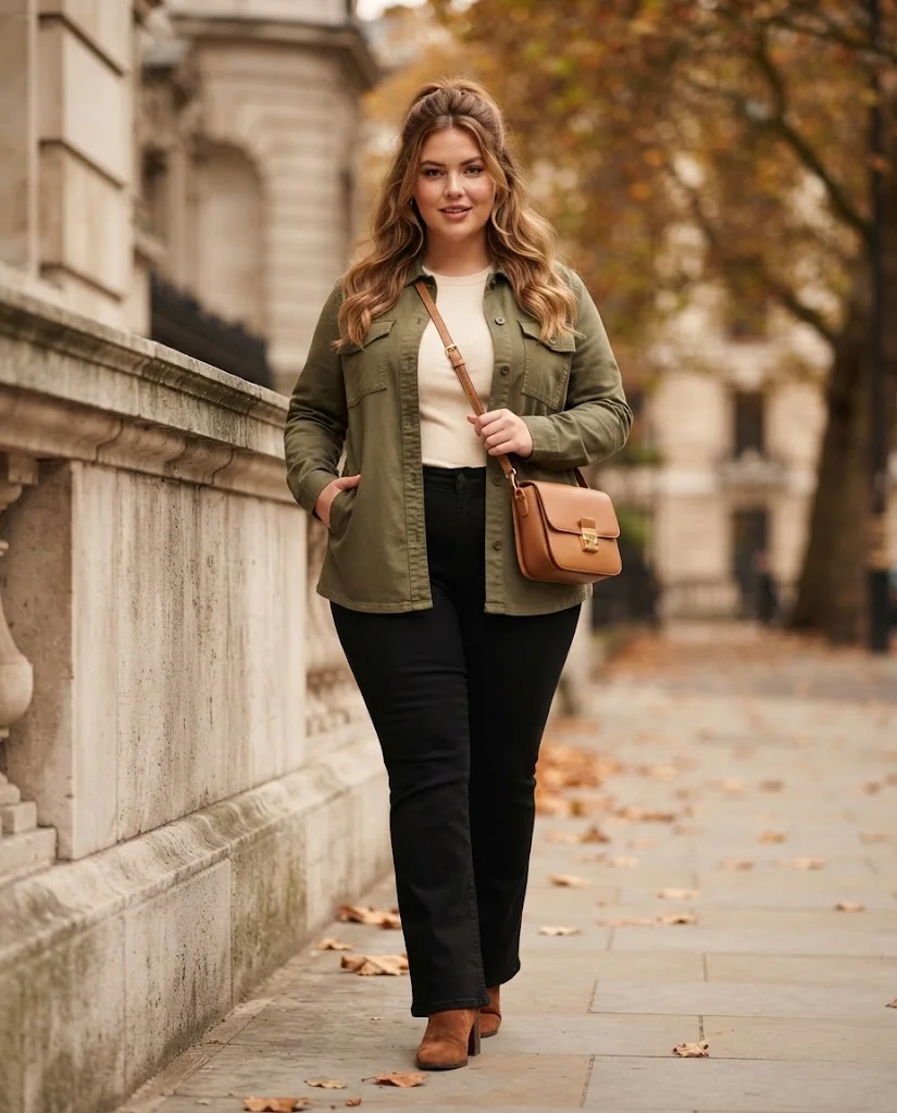 Plus Size Autumn Outfit Ideas for Women: 15 Chic Ideas 9 Olive Shacket With Black Bootcut Jeans, a casual plus size autumn outfit idea