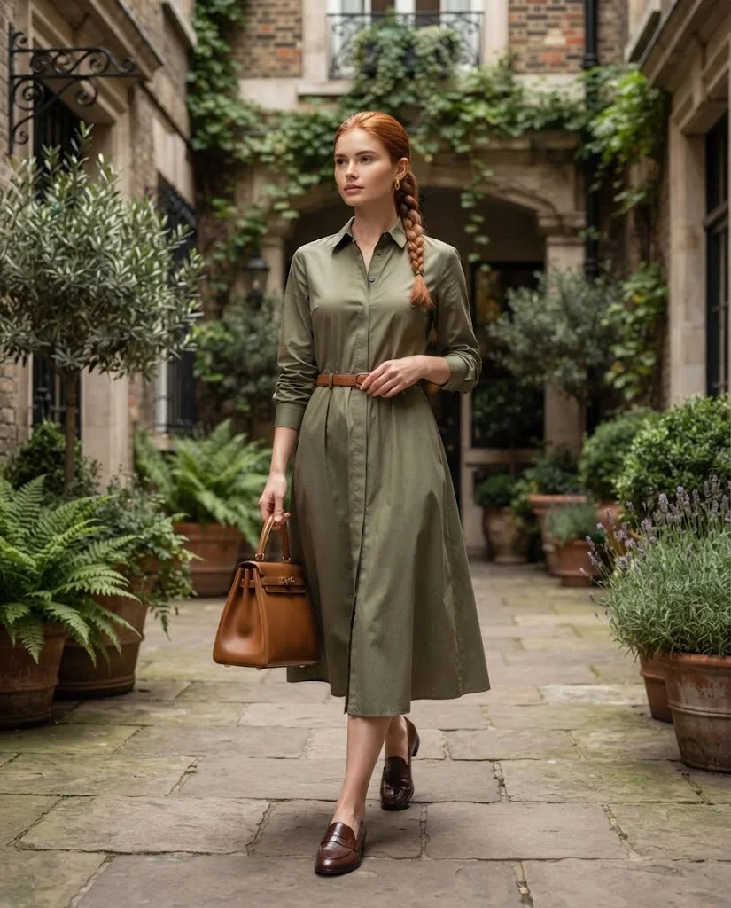 Old Money September Outfit Ideas for Women: 20+ Elegant Looks 20 Olive Shirt Dress with a Slim Leather Belt, an elegant old money September outfit for women