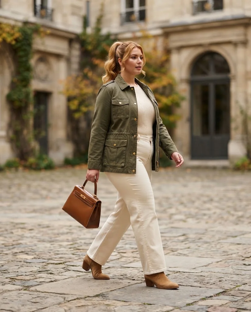 Plus Size Fall Outfits for Women: 15 Stylish Ideas 4 Olive Utility Jacket With Cream Wide-Leg Jeans, a chic plus size fall outfit for women