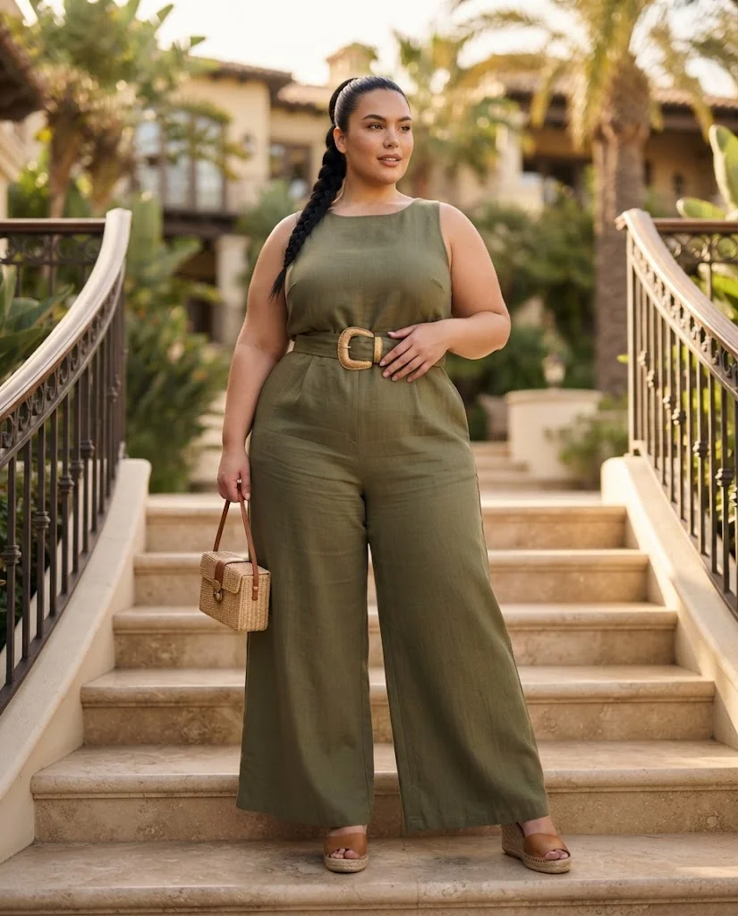 Olive Wide-Leg Jumpsuit With a Statement Belt Plus Size Resort Wear Outfit