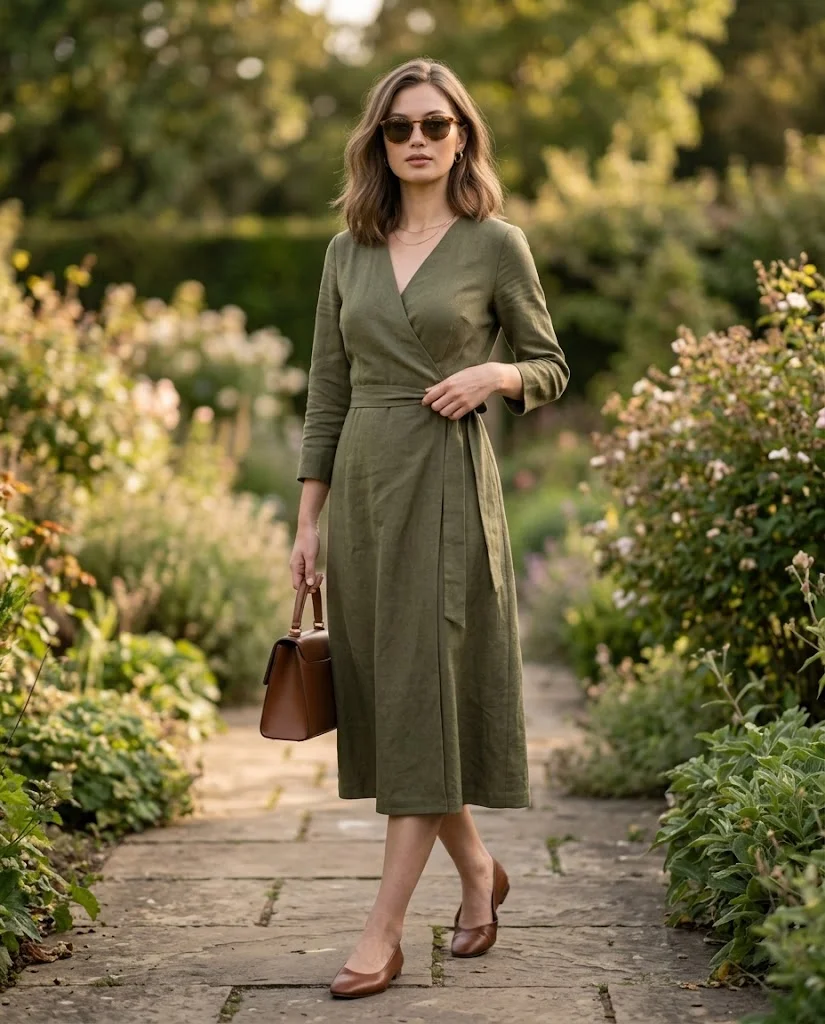 women wearing Olive Wrap Dress With Brown Flats