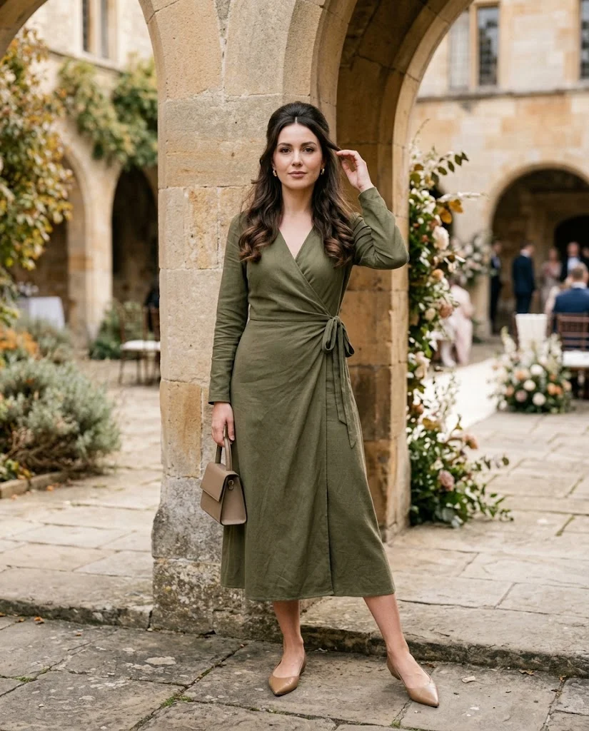 women wearing Olive Wrap Dress With Pointed Flats