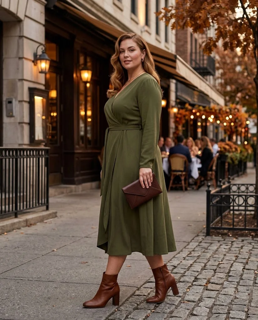 Olive Wrap Midi Dress With Heeled Ankle Boots Plus Size Fall Date Night Outfit