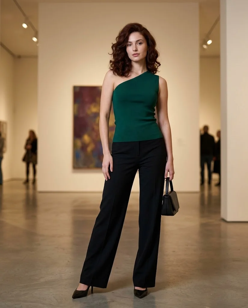 women wearing One-Shoulder Knit Top With Tailored Palazzo Pants