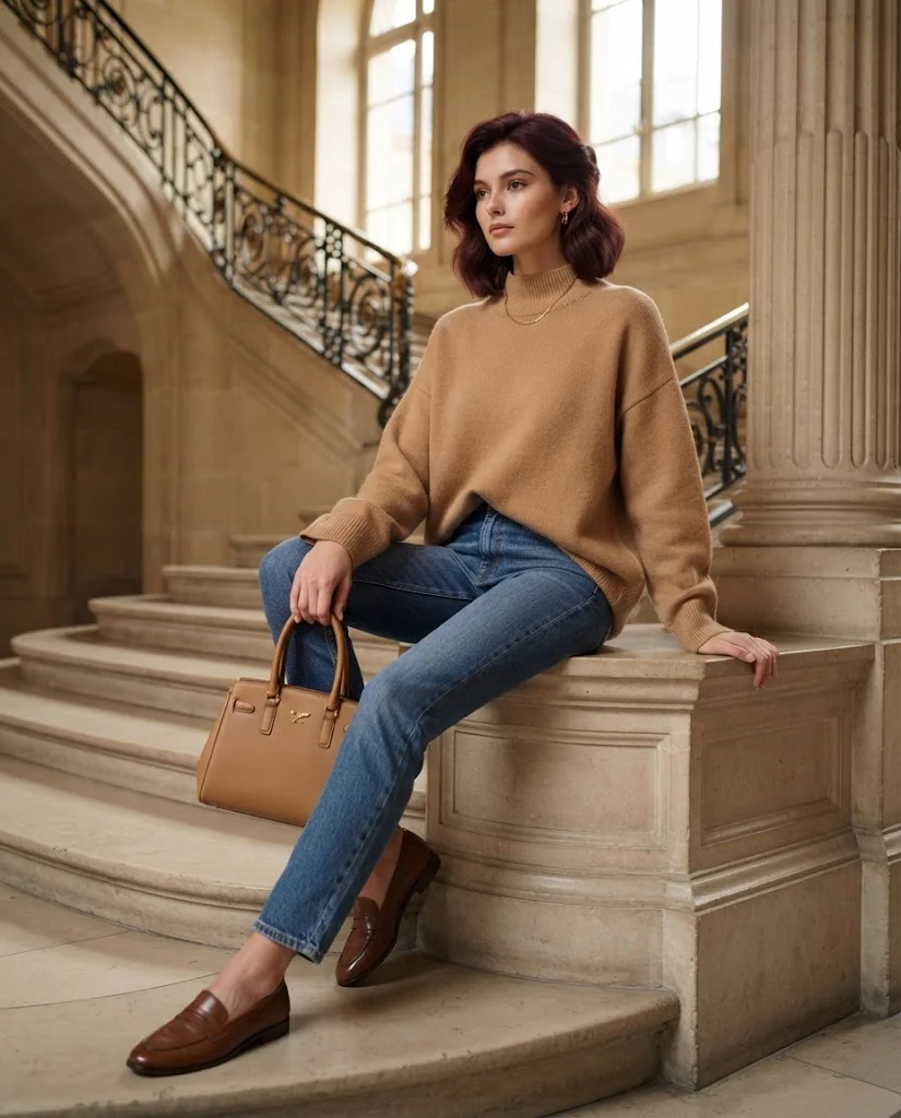 Oversized Camel Sweater with Straight-Leg Jeans, an elegant old money warm-weather fall outfit for women