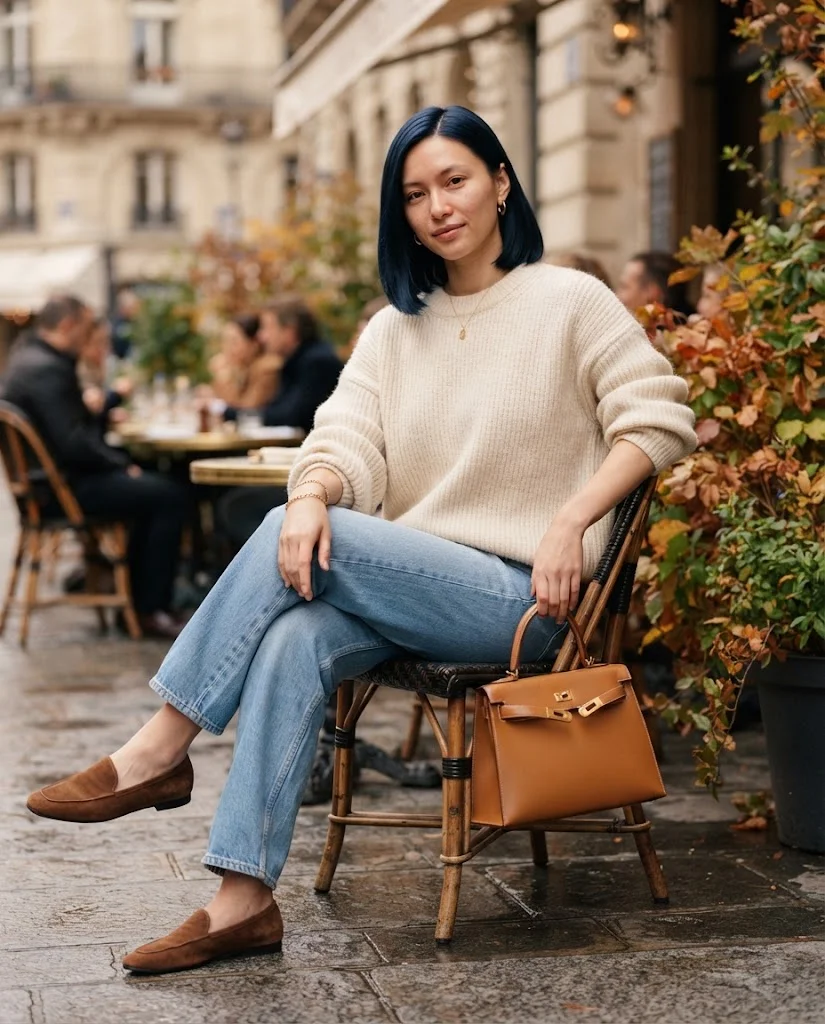 Oversized Cream Sweater with Relaxed Blue Jeans, an elegant old money warm-weather fall outfit for women