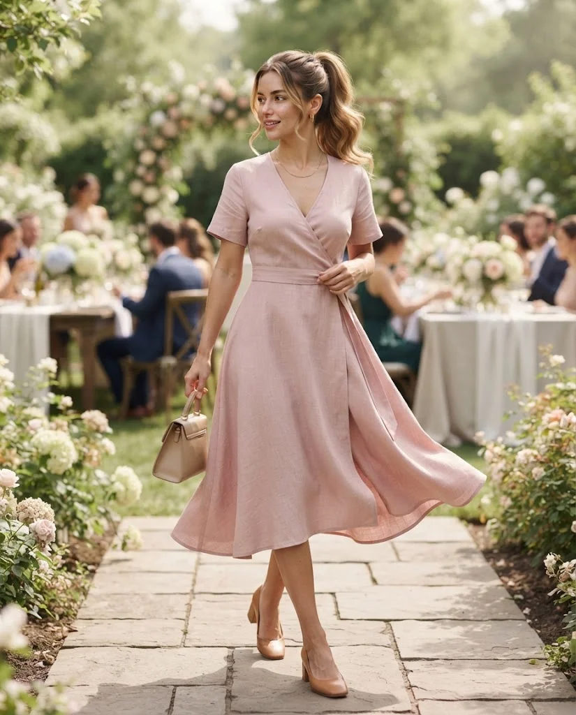 women wearing Pastel Wrap Dress With Low Heels