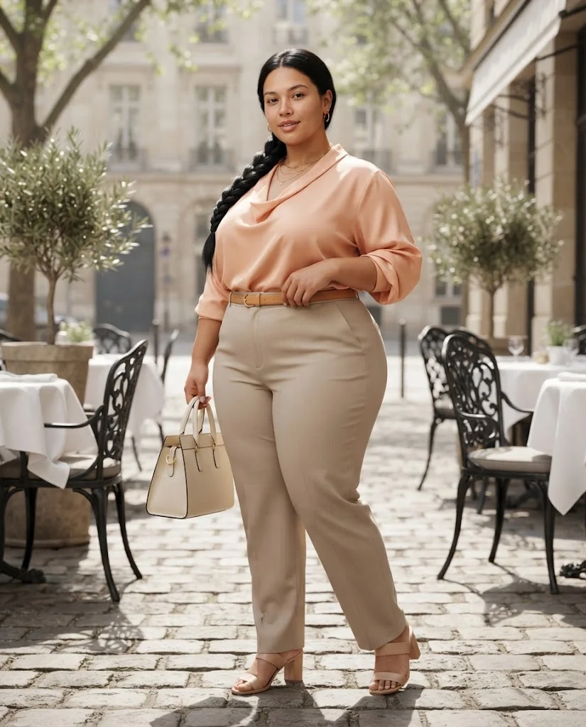 Plus Size Brunch Outfits for Women: 15 Stylish Ideas 12 Peach Blouse With Beige Tailored Trousers Plus Size Brunch Outfit