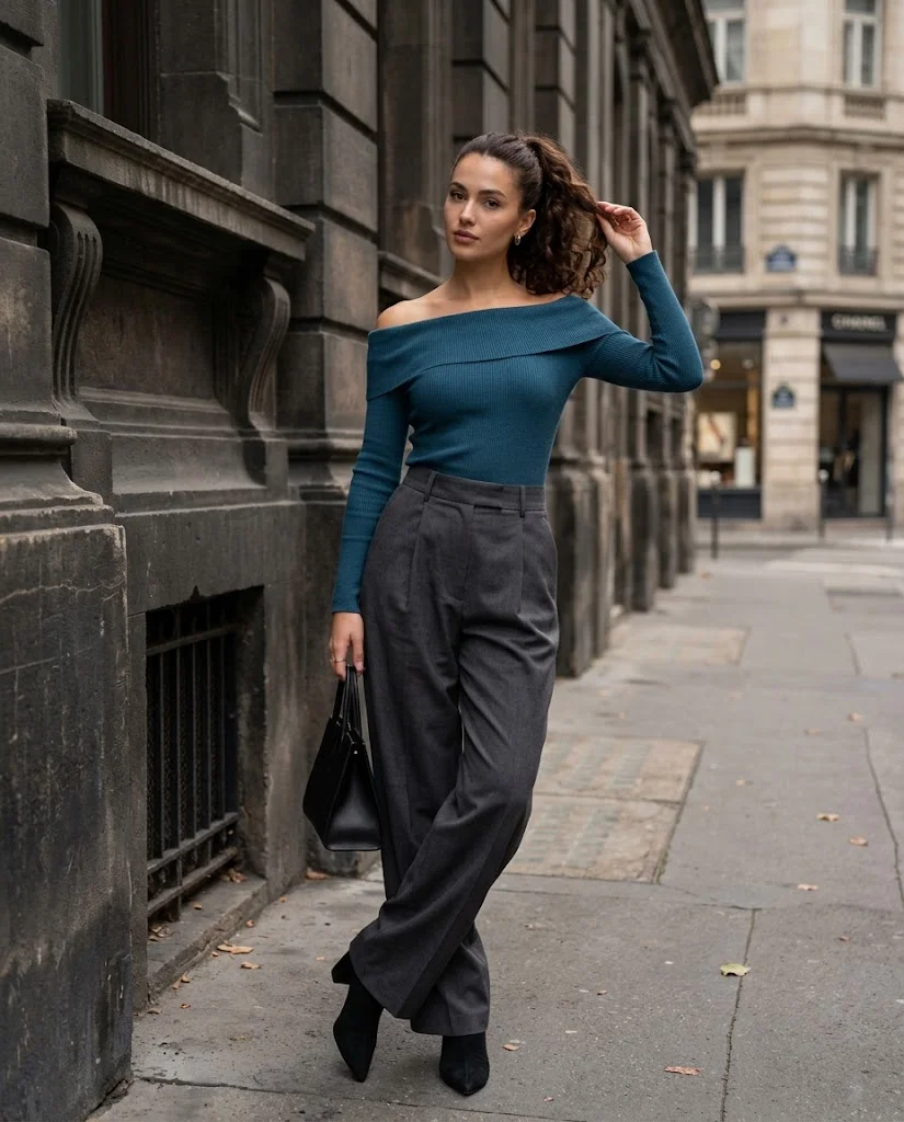 Early Fall Outfits for Women: 20+ Elegant Old Money Ideas 7 Petrol Blue Off-Shoulder Knit with Charcoal Baggy Trousers, an elegant old money early fall outfit for women