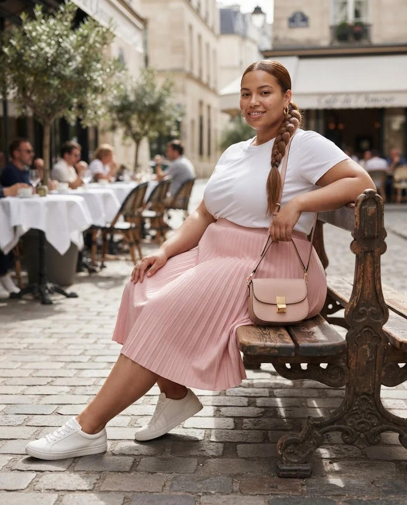 Plus Size Brunch Outfits for Women: 15 Stylish Ideas 7 Pink Pleated Midi Skirt With a White T-Shirt Plus Size Brunch Outfit
