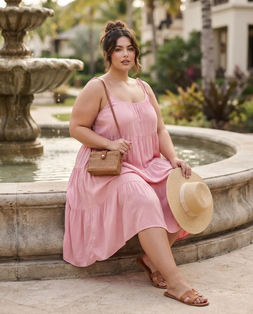 Pink Tiered Midi Dress With Flat Sandals Plus Size Resort Wear Outfit