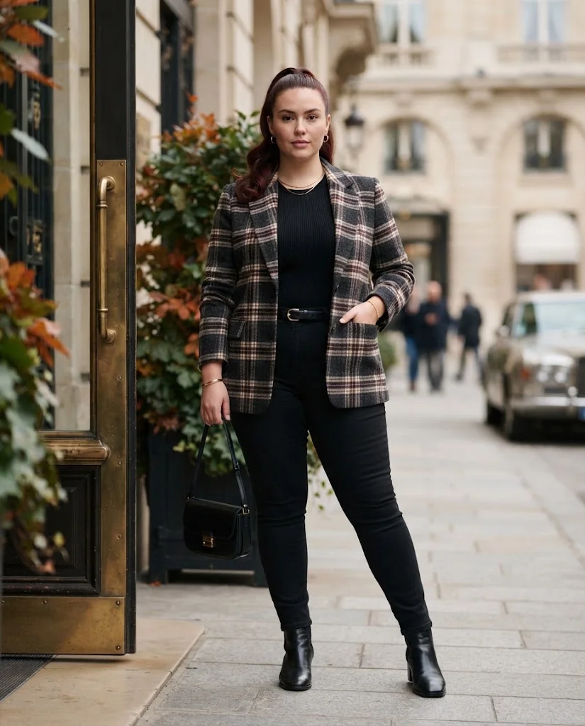 Plus Size Fall Outfits for Women: 15 Stylish Ideas 15 Plaid Blazer With Black Skinny Jeans, a classic plus size fall outfit for women