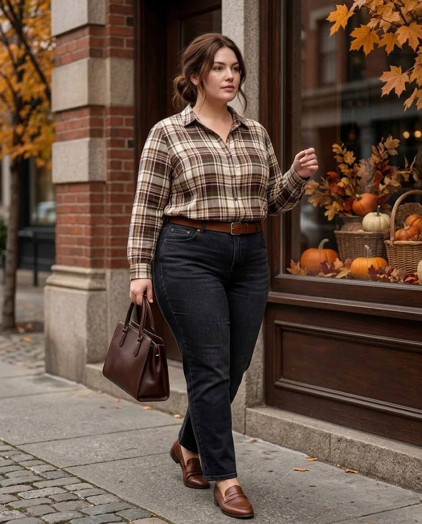 Plaid Blouse With Dark Straight-Leg Jeans and Loafers Plus Size Thanksgiving Outfit