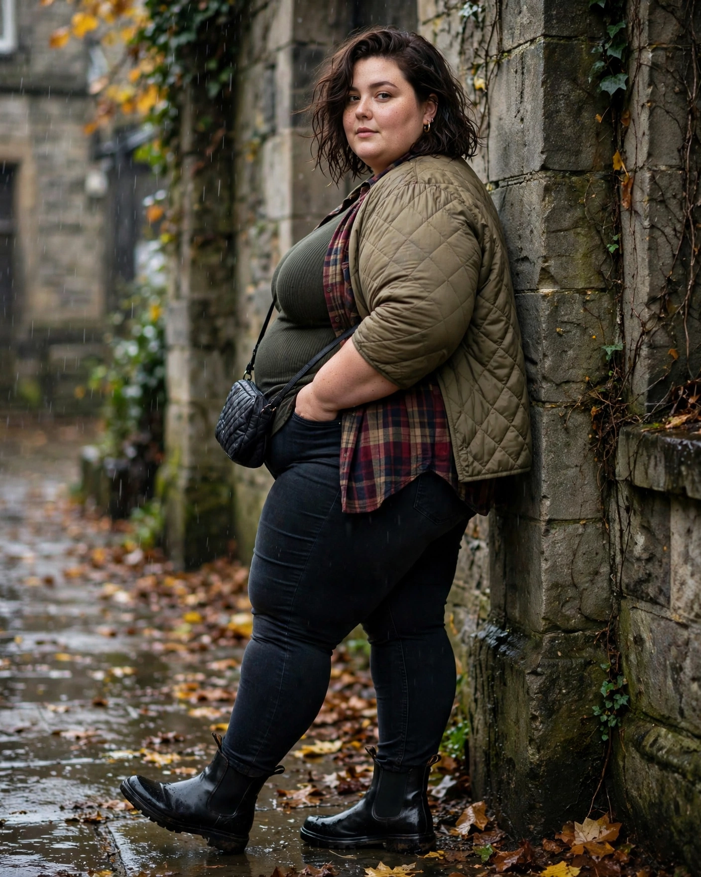 Plaid Shirt With Dark Skinny Jeans and Chelsea Boots Plus Size Rainy Fall Outfit