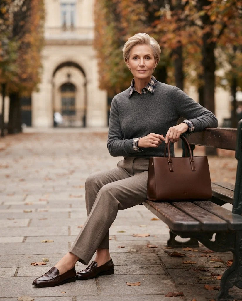 women wearing  Plaid Shirt With a Fine Knit Pullover