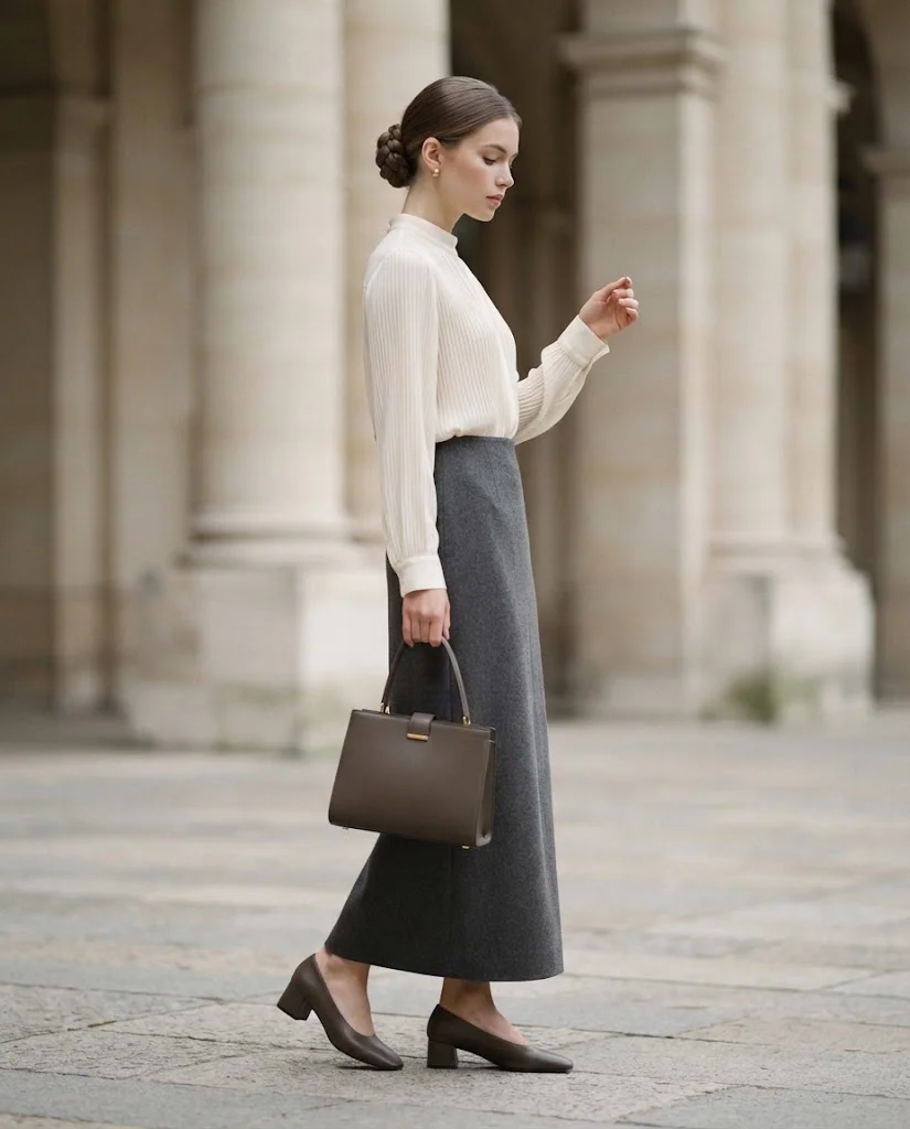 women wearing Pleated Blouse With a Straight Maxi Skirt