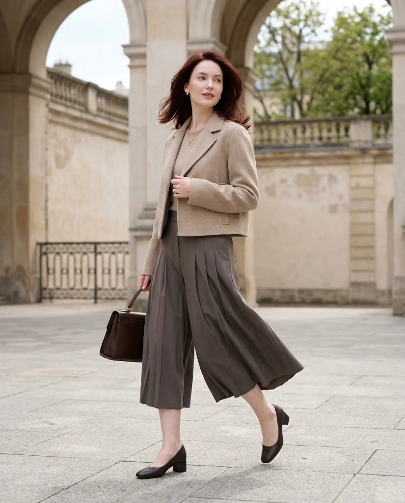 women wearing Pleated Culottes With a Short Jacket