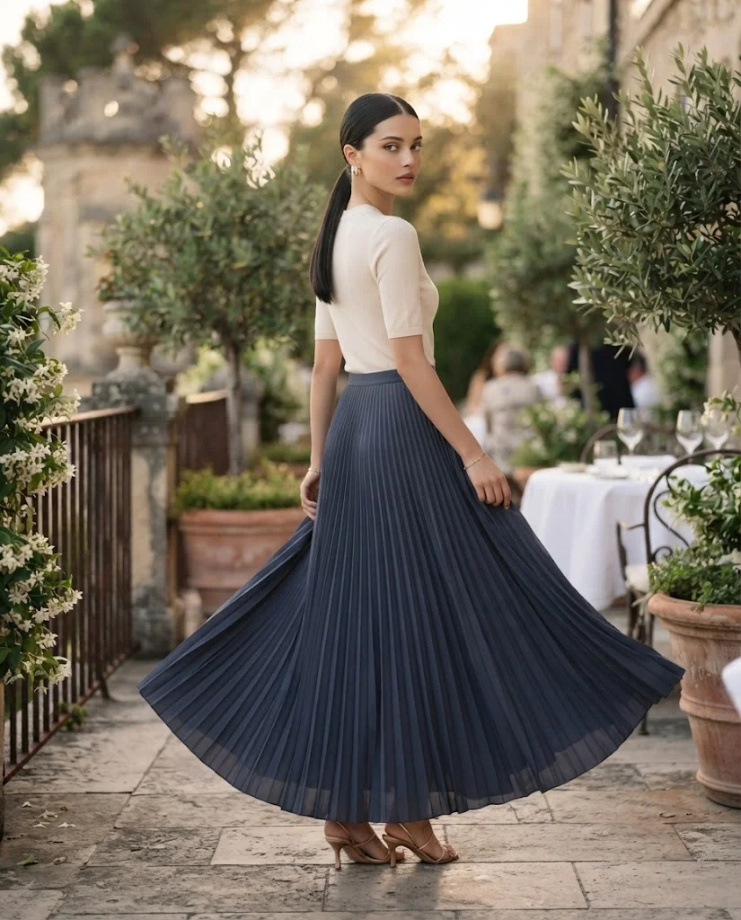 women wearing Pleated Maxi Skirt With Fitted Top