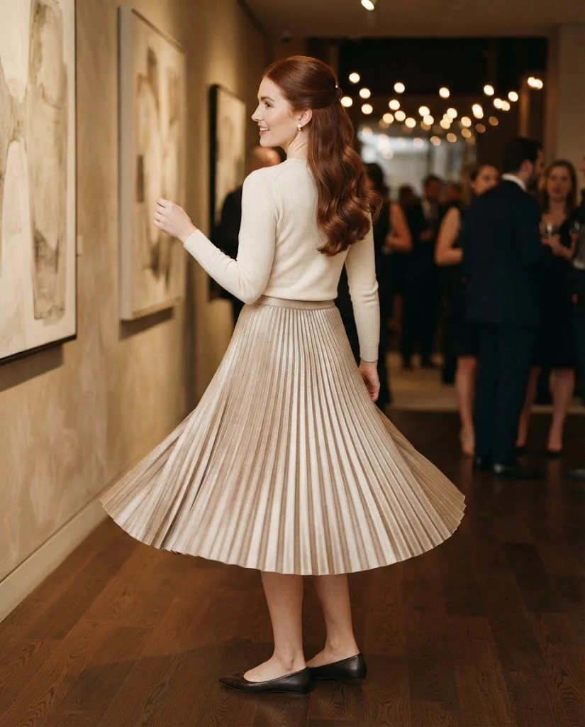 women wearing Pleated Metallic Midi Skirt With a Fine-Knit Top