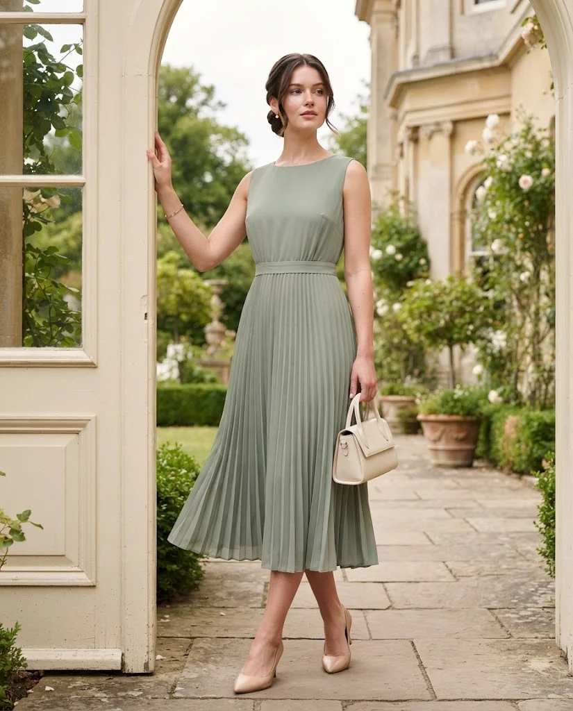 women wearing  Pleated Midi Dress With Delicate Accessories
