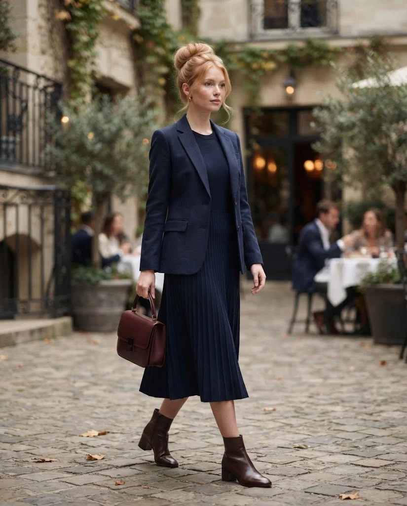 Pleated Midi Dress with a Lightweight Blazer, an elegant old money fall brunch outfit for women