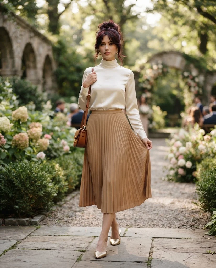 women wearing Pleated Midi Skirt With a Fitted Satin Blouse