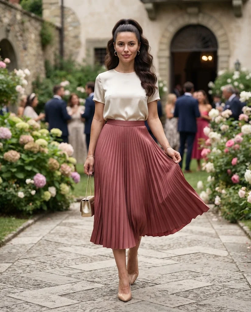 women wearing Pleated Midi Skirt With a Satin Top