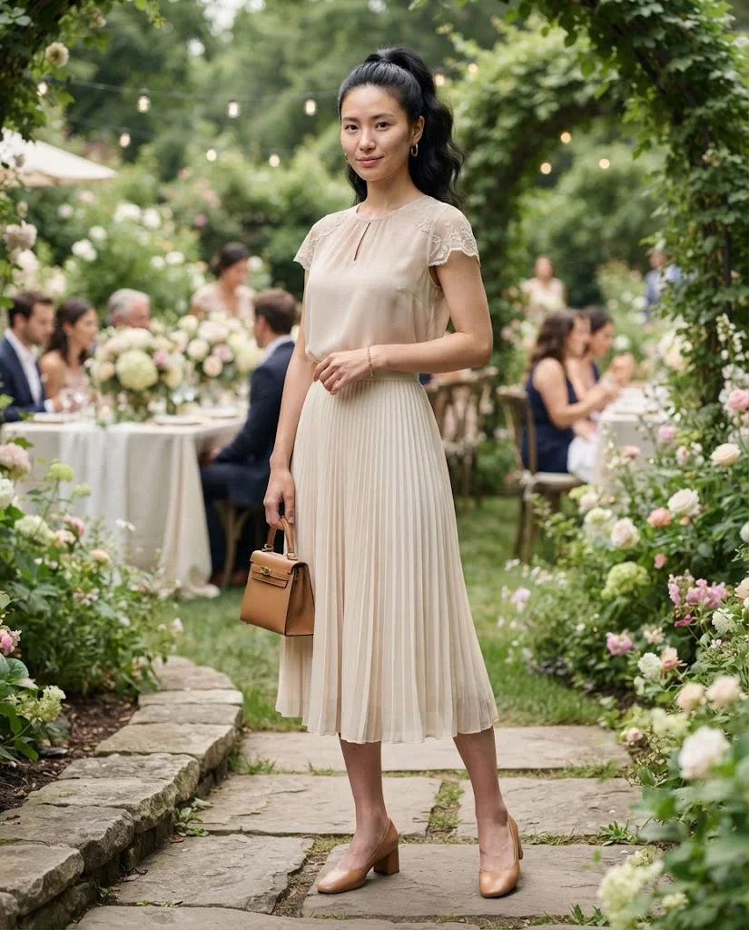 women wearing Pleated Midi Skirt With a Tucked Blouse