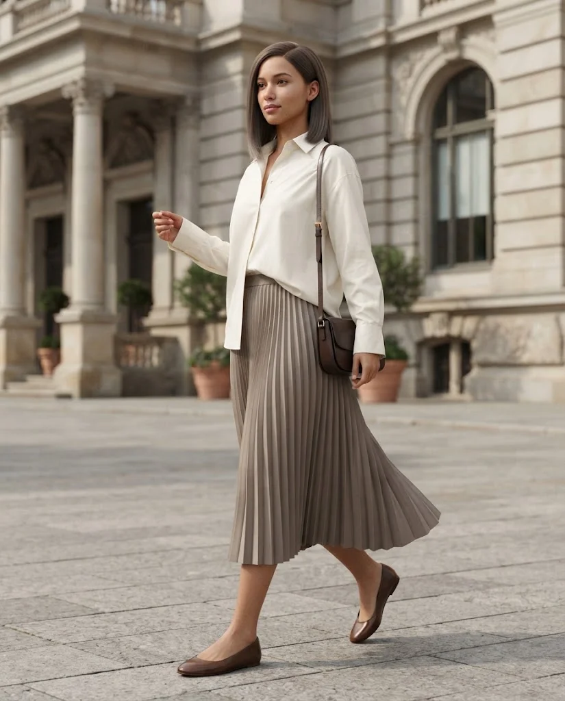women wearing Pleated Skirt With a Relaxed Button-Down