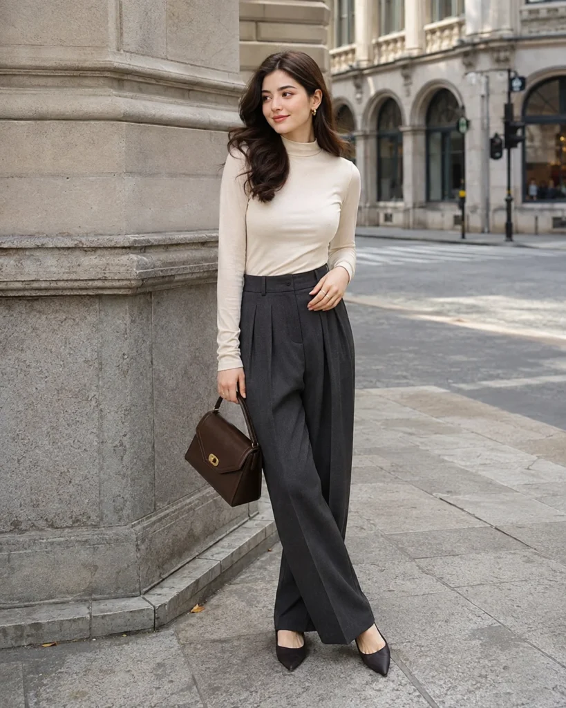 women wearing Pleated Trousers With a Fitted Mock-Neck