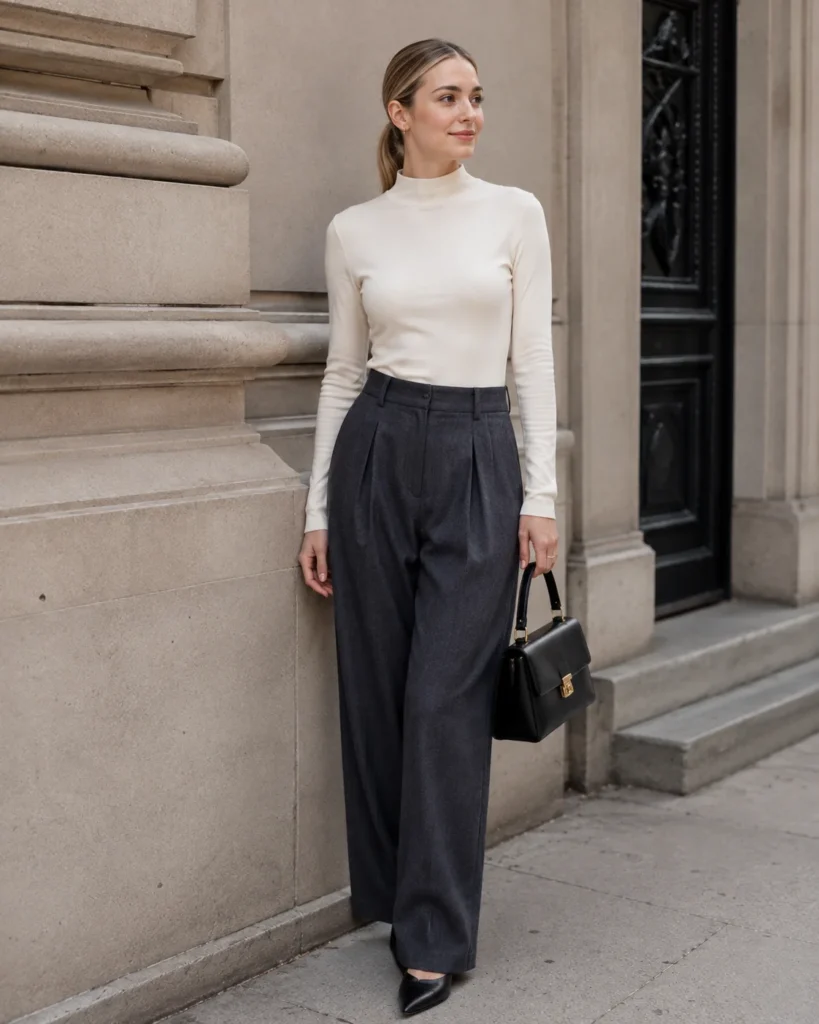 Elegant Old Money Outfits for Women: 20+ Timeless Ideas 9 women wearing Pleated Trousers With a Fitted Mock-Neck