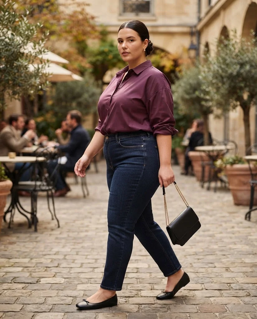 Plus Size Fall Brunch Outfits: Chic Looks for Crisp Autumn Days 7 Plum Button-Front Blouse With Dark Denim Plus Size Fall Brunch Outfit