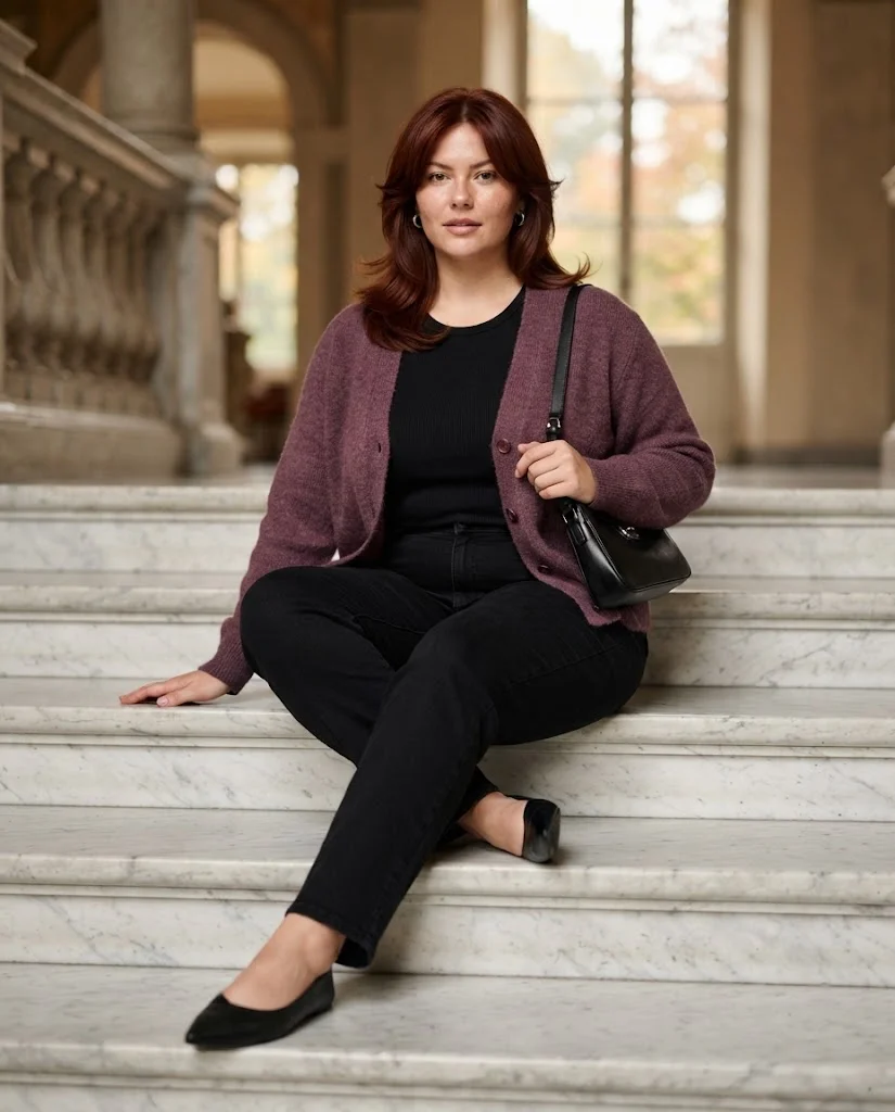 Plus Size Fall Outfits for Women: 15 Stylish Ideas 5 Plum Cardigan With Black Straight-Leg Jeans, a rich plus size fall outfit idea