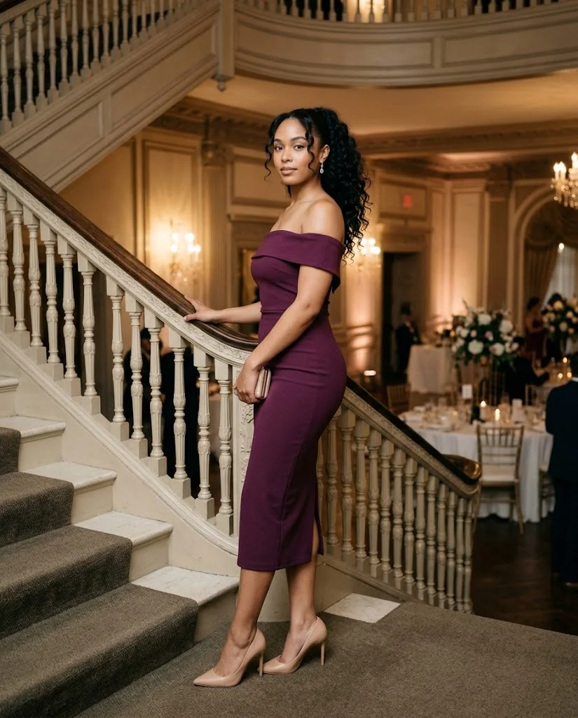 women wearing Plum Fitted Off-Shoulder Midi Dress