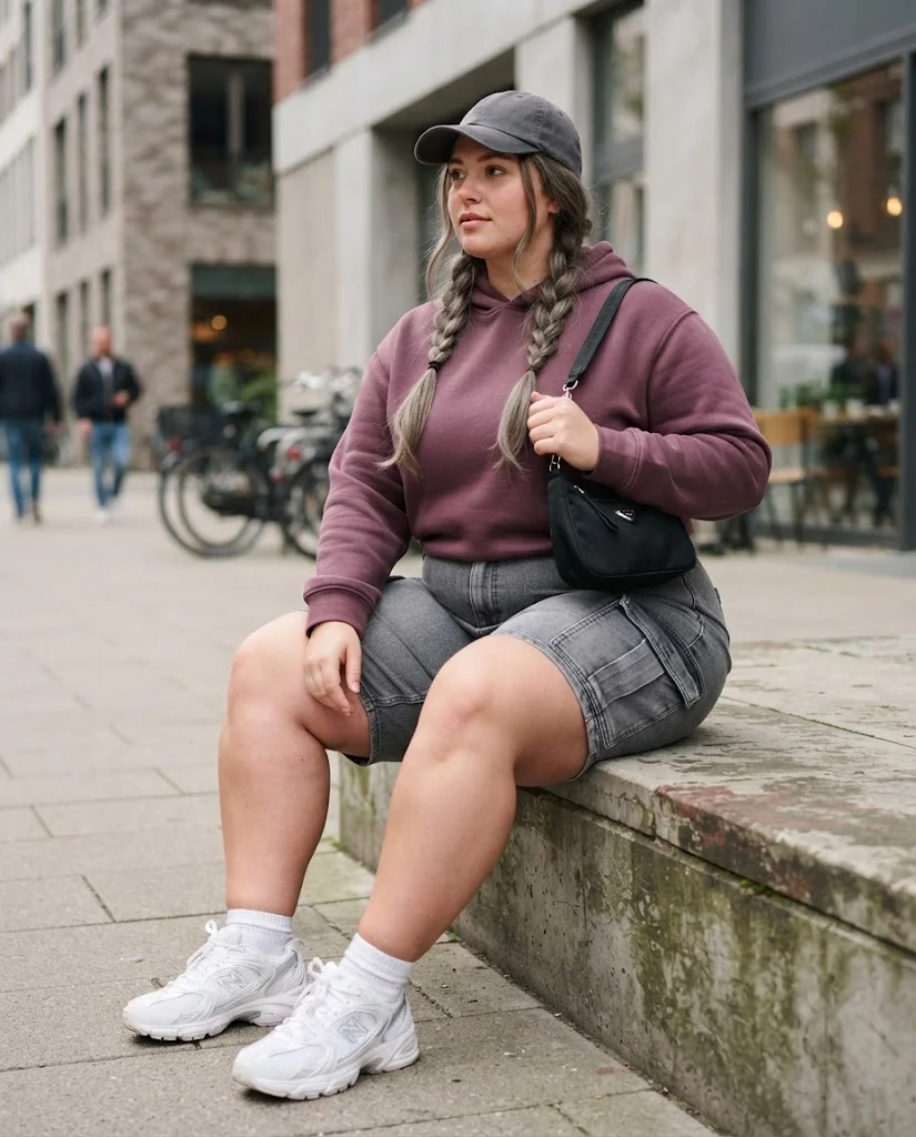 Plum Hoodie With Grey Cargo Jeans Plus Size Casual Outfit