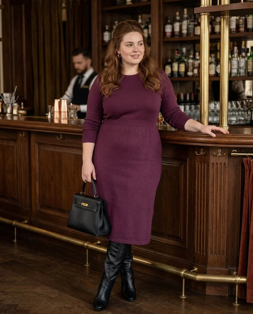 Plus Size Fall Dinner Outfits: 15 Chic Looks for Autumn Evenings 12 Plum Knit Dress With Knee-High Boots Plus Size Fall Dinner Outfit