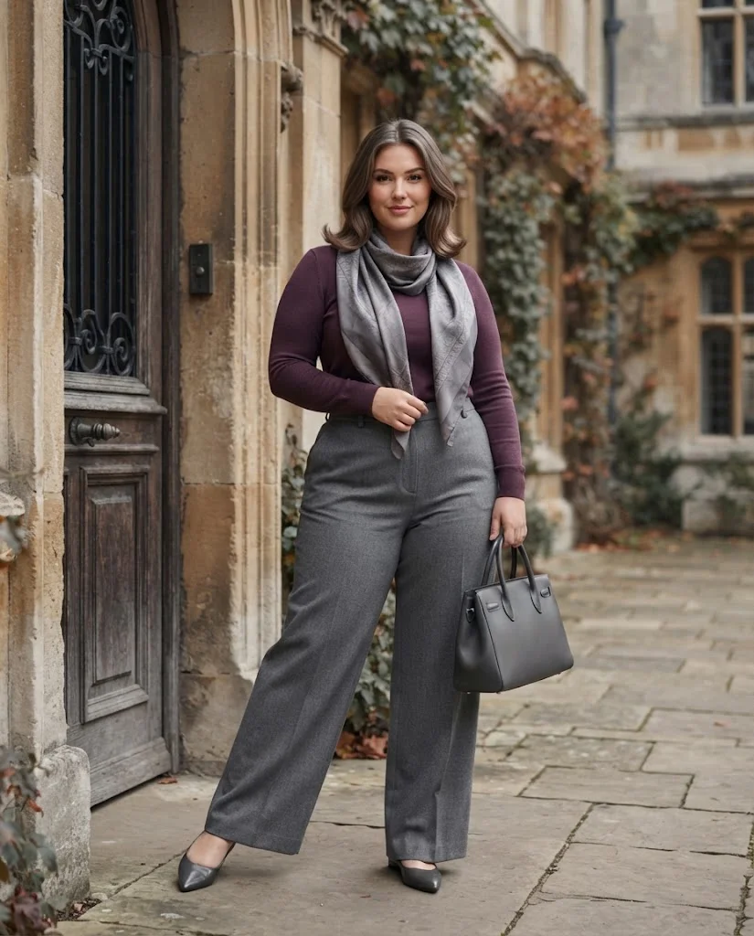 Plus Size Autumn Outfit Ideas for Women: 15 Chic Ideas 7 Plum Knit Top With Grey Wide-Leg Trousers, an elegant plus size autumn outfit idea
