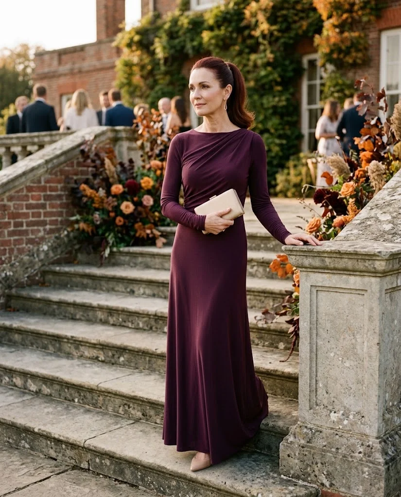 Plum Long-Sleeve Maxi Dress, a fall wedding guest outfit for women over 50