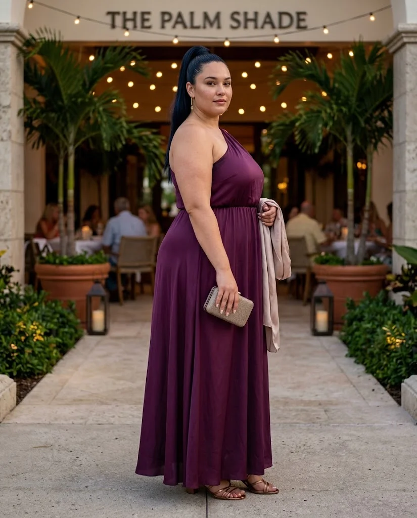 Plus Size Vacation Dinner Outfits: Elegant Looks for Warm Evenings 15 Plum One-Shoulder Maxi Dress With Bronze Accessories Plus Size Vacation Dinner Outfit