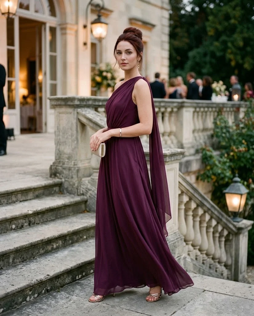 women wearing Plum One-Shoulder Maxi Dress