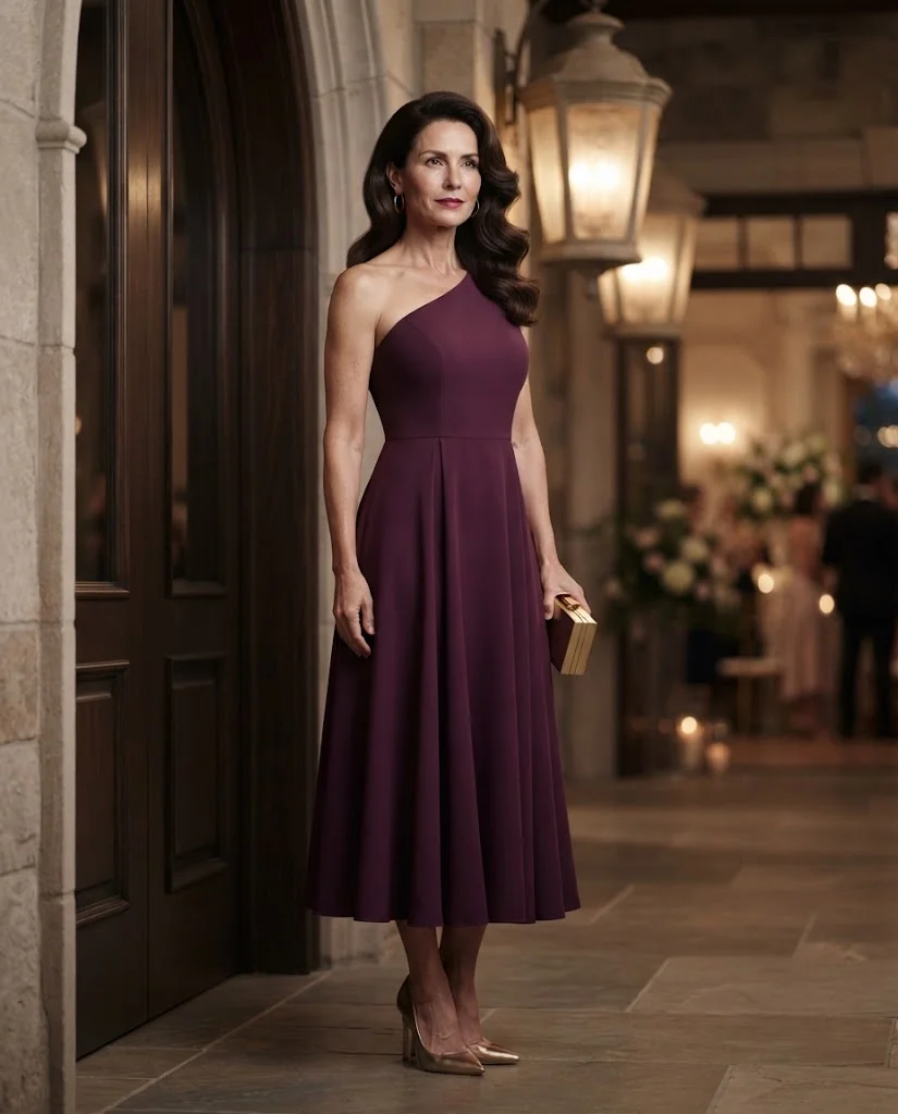Plum One-Shoulder Midi Dress with Gold Clutch, a semi-formal wedding guest outfit for women over 50