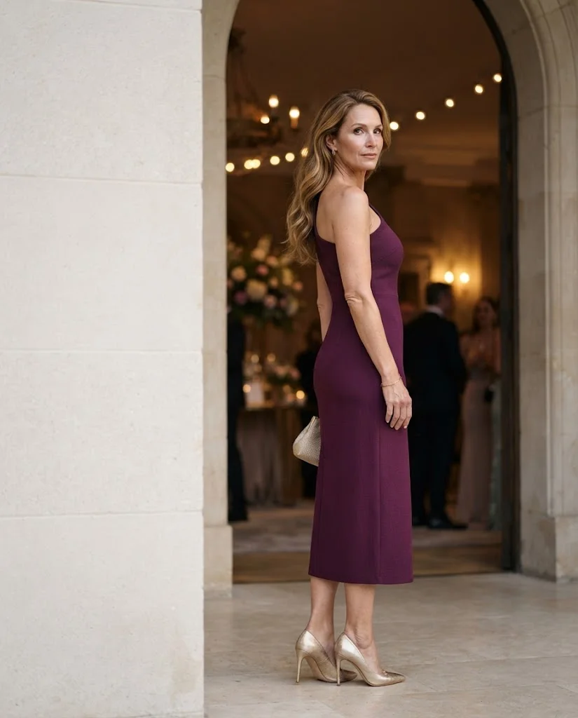 Plum One-Shoulder Midi Dress with Metallic Heels, an elegant wedding guest outfit for women over 50