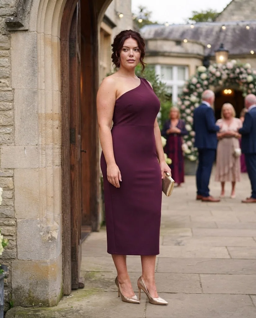 women wearing Plum One-Shoulder Midi Dress