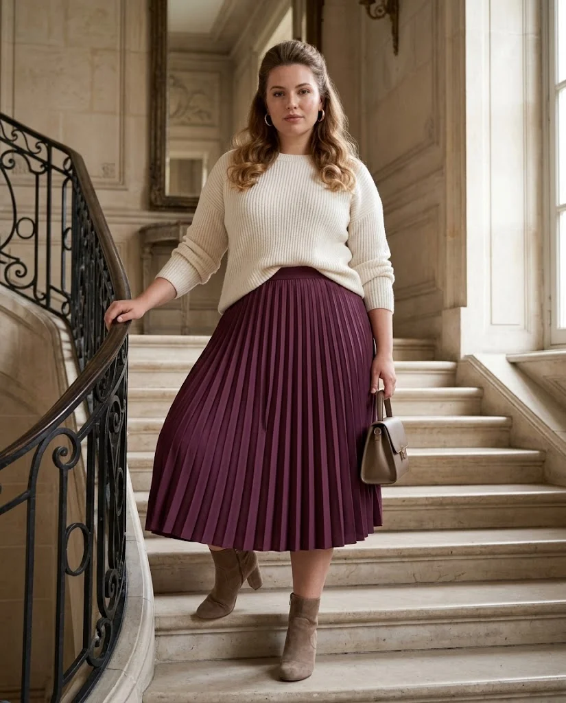 Plum Pleated Midi Skirt With an Ivory Sweater Plus Size Thanksgiving Outfit